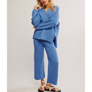 Free People Wide Leg Knit Pants and Top Set in Cornflower Blue